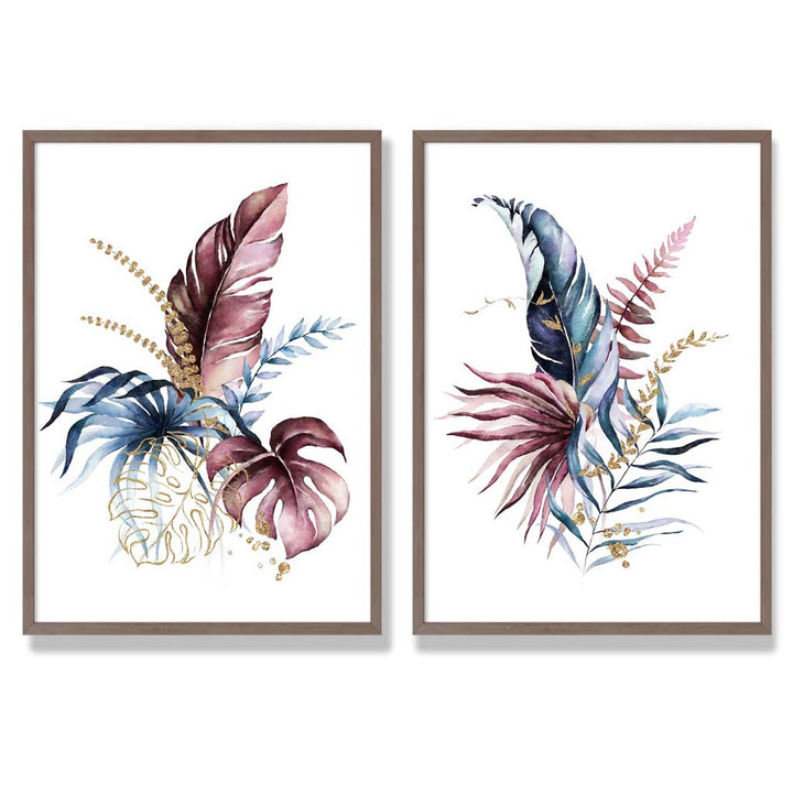 Abstract Pink, Blue Botanical Leaves Framed Set of 2 Art Prints | Bowlift