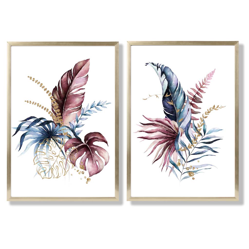 Abstract Pink, Blue Botanical Leaves Framed Set of 2 Art Prints | Bowlift