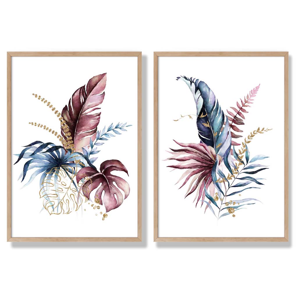 Abstract Pink, Blue Botanical Leaves Framed Set of 2 Art Prints | Bowlift