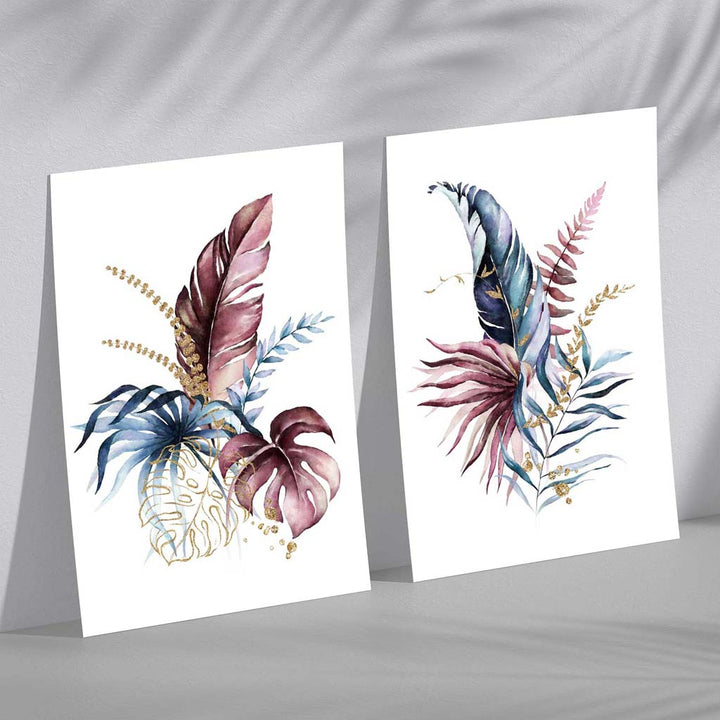 Abstract Pink, Blue Botanical Leaves Framed Set of 2 Art Prints | Bowlift