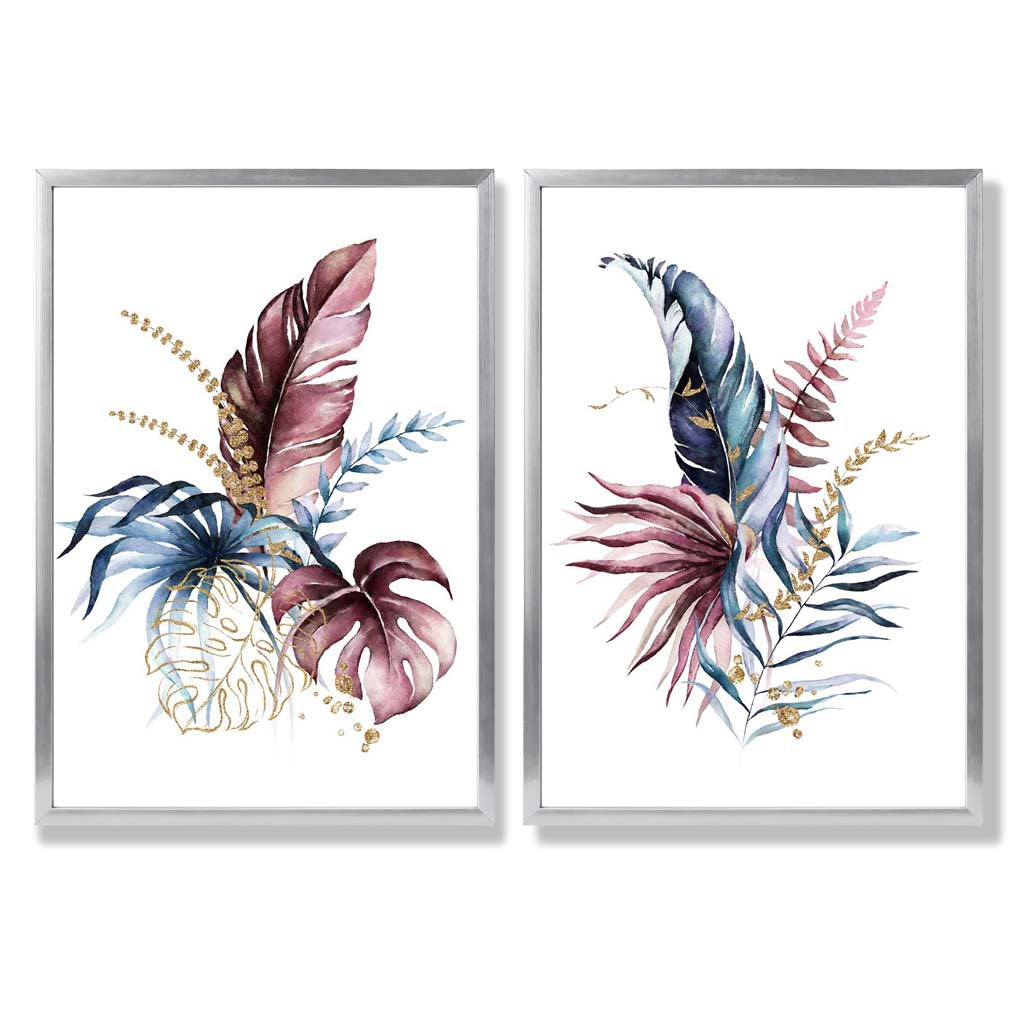 Abstract Pink, Blue Botanical Leaves Framed Set of 2 Art Prints | Bowlift