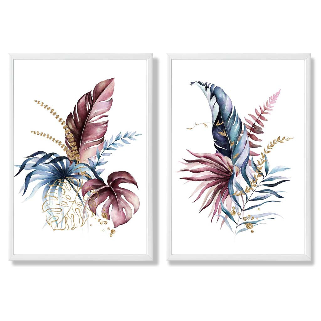 Abstract Pink, Blue Botanical Leaves Framed Set of 2 Art Prints | Bowlift