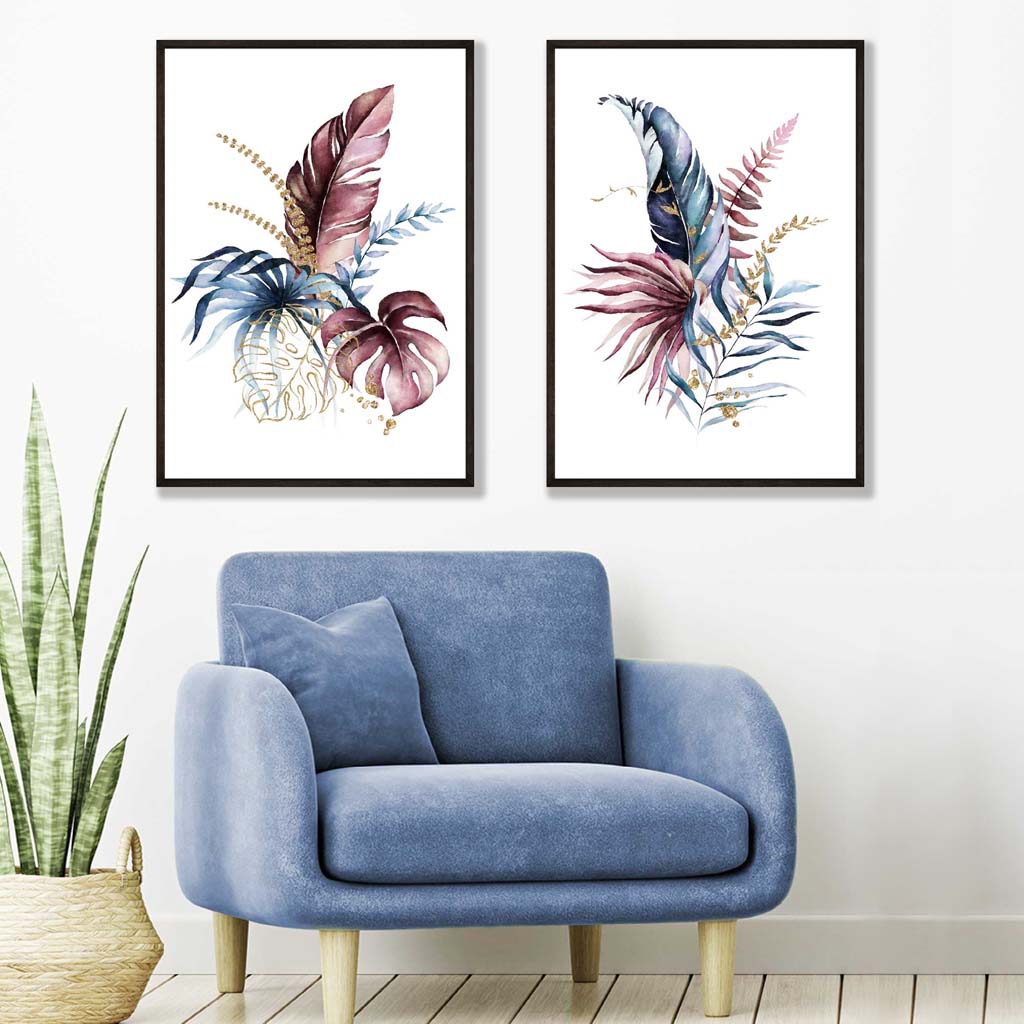 Abstract Pink, Blue Botanical Leaves Framed Set of 2 Art Prints | Bowlift