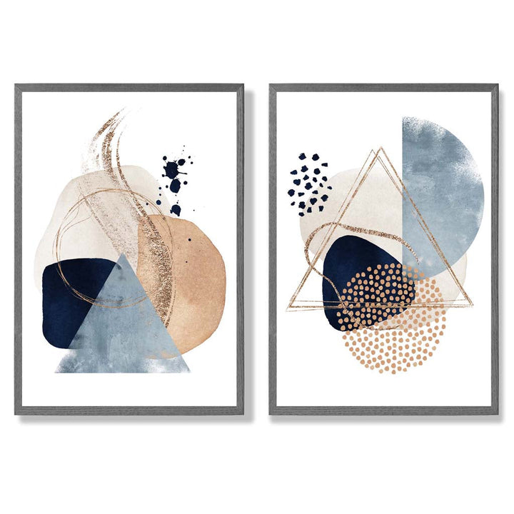 Blue and Beige Watercolor Shapes Frame Set of 2 Art Prints | Bowlift