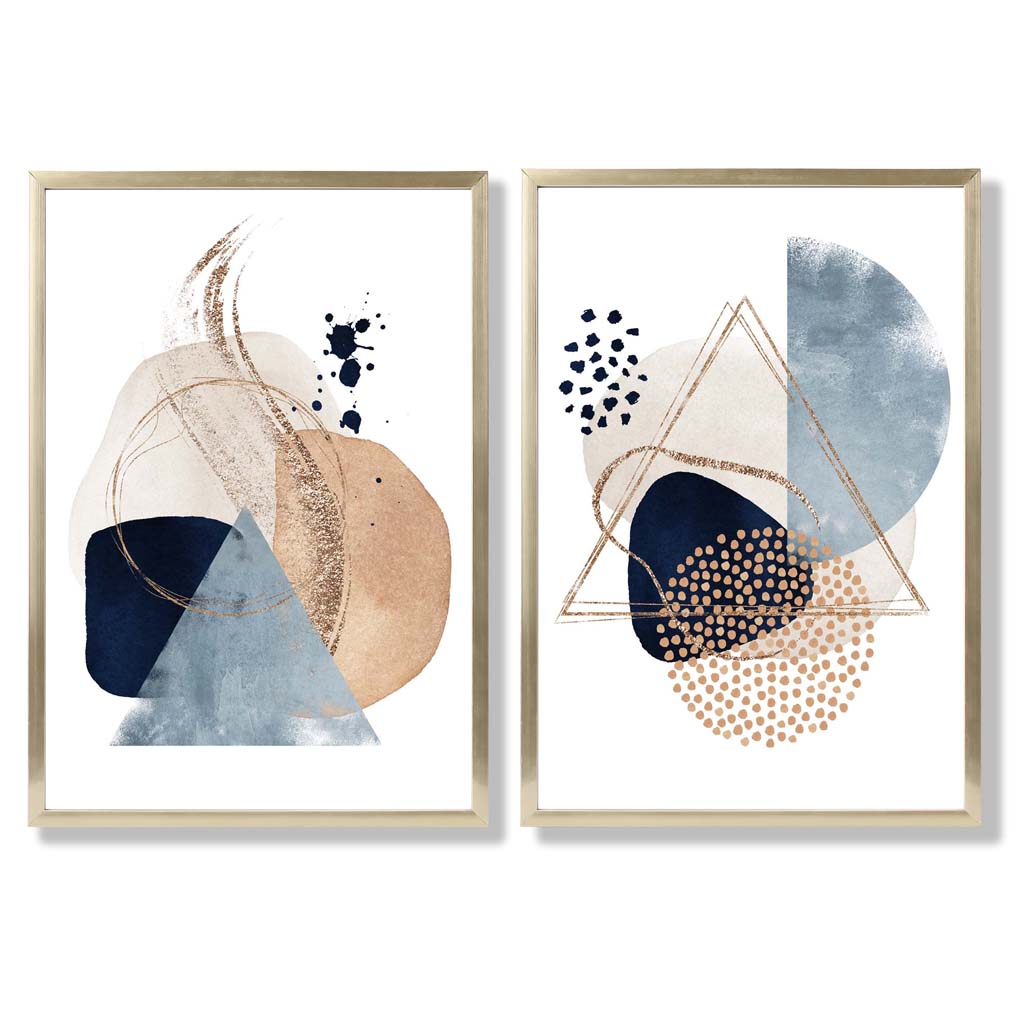 Blue and Beige Watercolor Shapes Frame Set of 2 Art Prints | Bowlift