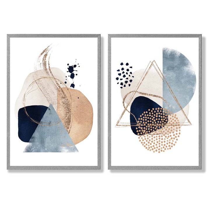 Blue and Beige Watercolor Shapes Frame Set of 2 Art Prints | Bowlift