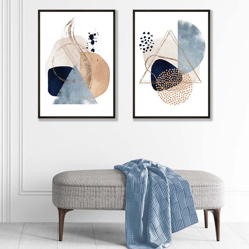 Blue and Beige Watercolor Shapes Frame Set of 2 Art Prints | Bowlift
