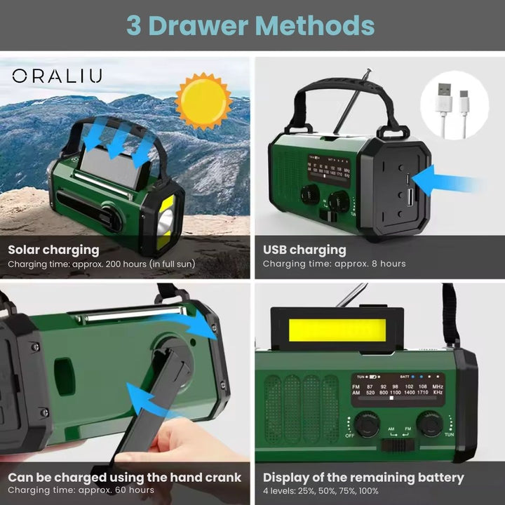 BowLift | Solar Emergency Radio with Power Bank – Hand Crank & LED Torch for Camping and Outdoor Use