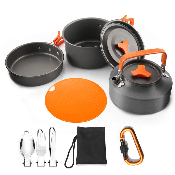 lightweight nonstick camping cookware set with folding kettle pot pan stainless utensils silicone trivet and carry pouch Bowlift