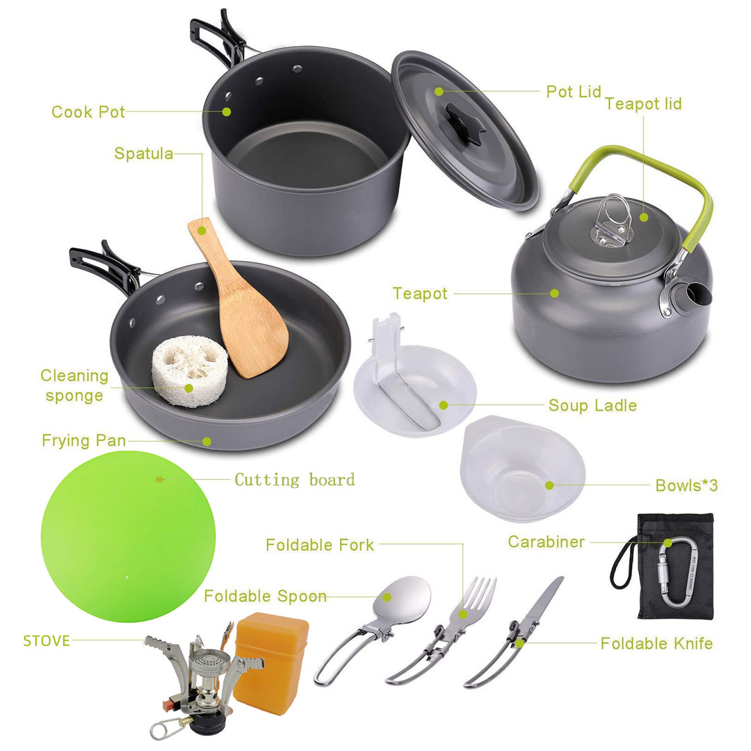 ultralight non-stick anodized aluminum camping cookware set with kettle foldable cutlery and portable stove Bowlift