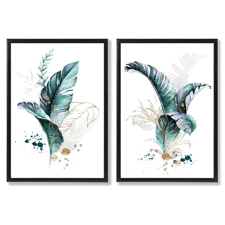 Abstract Teal Botanical Leaves Framed Set of 2 Art Prints | Bowlift