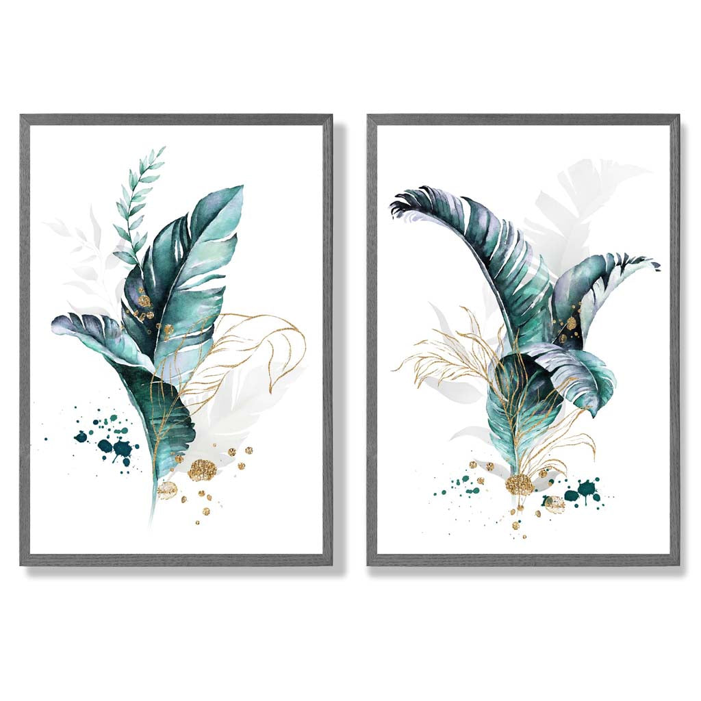 Abstract Teal Botanical Leaves Framed Set of 2 Art Prints | Bowlift