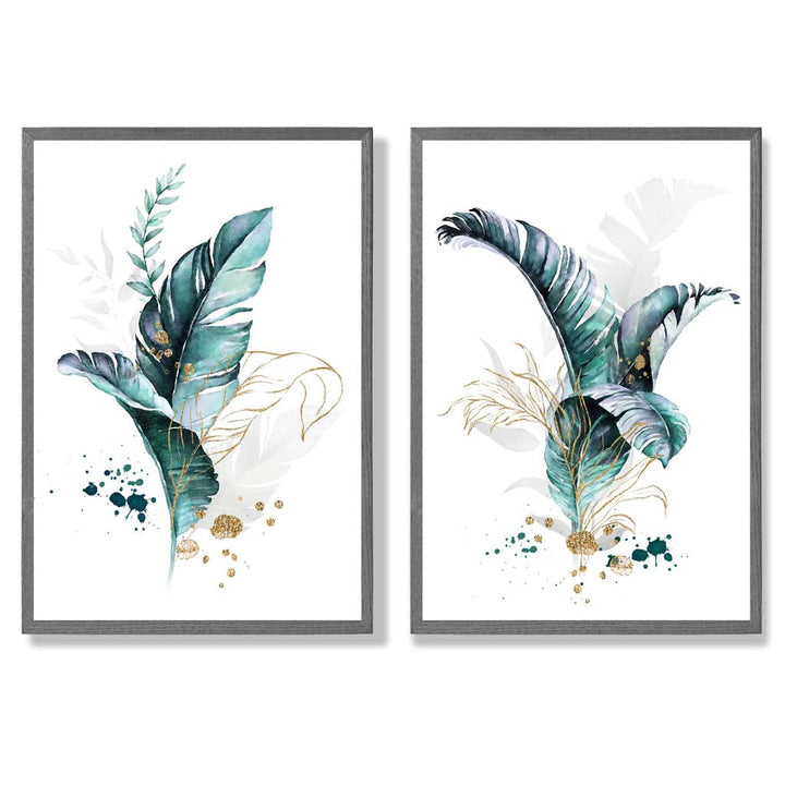 Abstract Teal Botanical Leaves Framed Set of 2 Art Prints | Bowlift