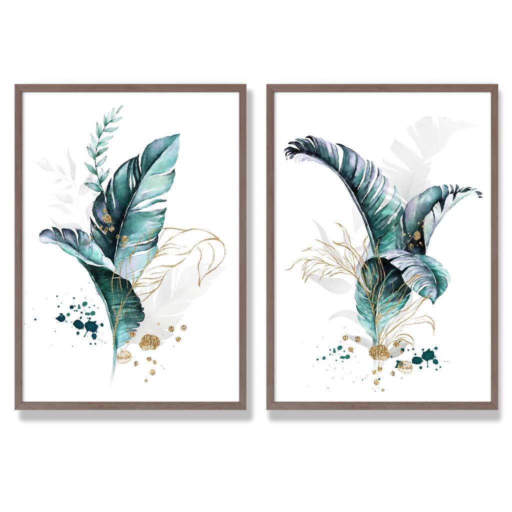 Abstract Teal Botanical Leaves Framed Set of 2 Art Prints | Bowlift