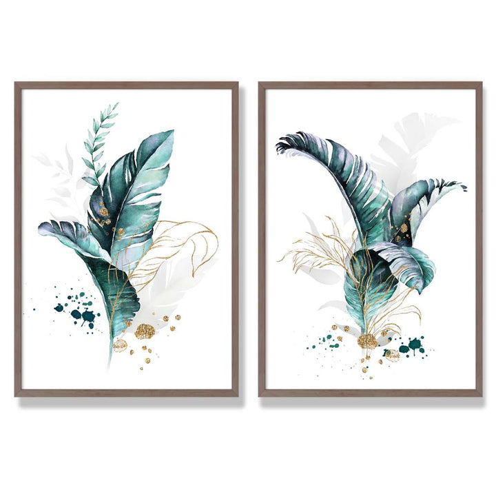 Abstract Teal Botanical Leaves Framed Set of 2 Art Prints | Bowlift