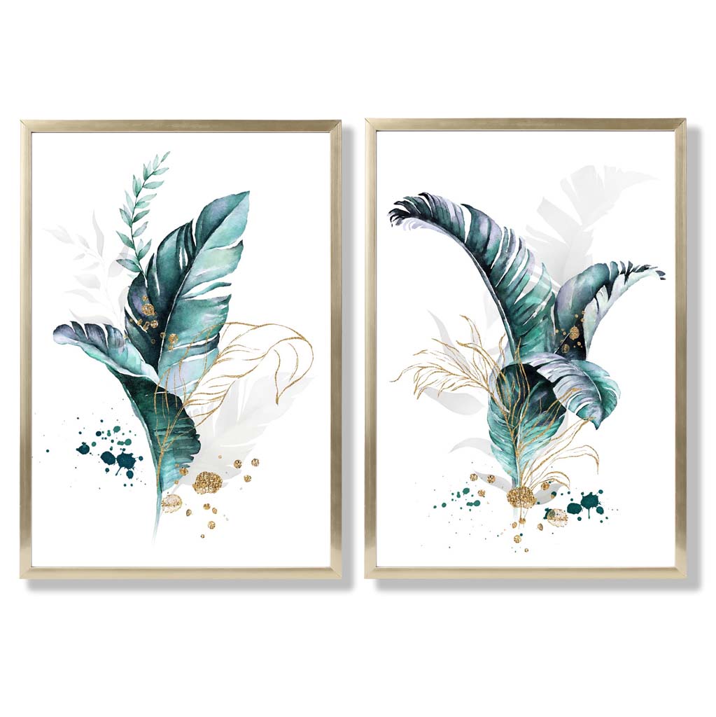 Abstract Teal Botanical Leaves Framed Set of 2 Art Prints | Bowlift