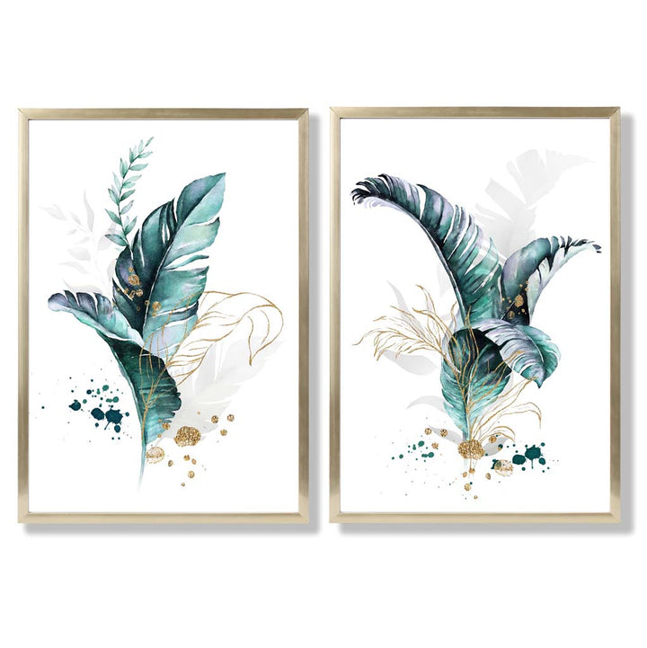Abstract Teal Botanical Leaves Framed Set of 2 Art Prints | Bowlift