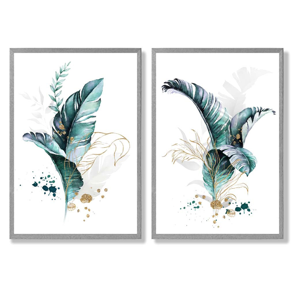 Abstract Teal Botanical Leaves Framed Set of 2 Art Prints | Bowlift