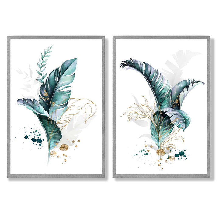 Abstract Teal Botanical Leaves Framed Set of 2 Art Prints | Bowlift