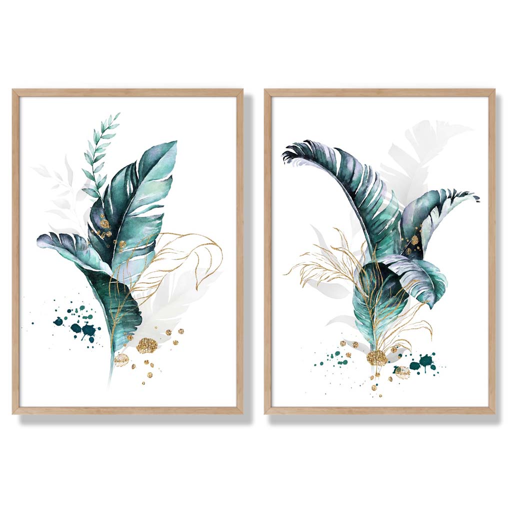 Abstract Teal Botanical Leaves Framed Set of 2 Art Prints | Bowlift