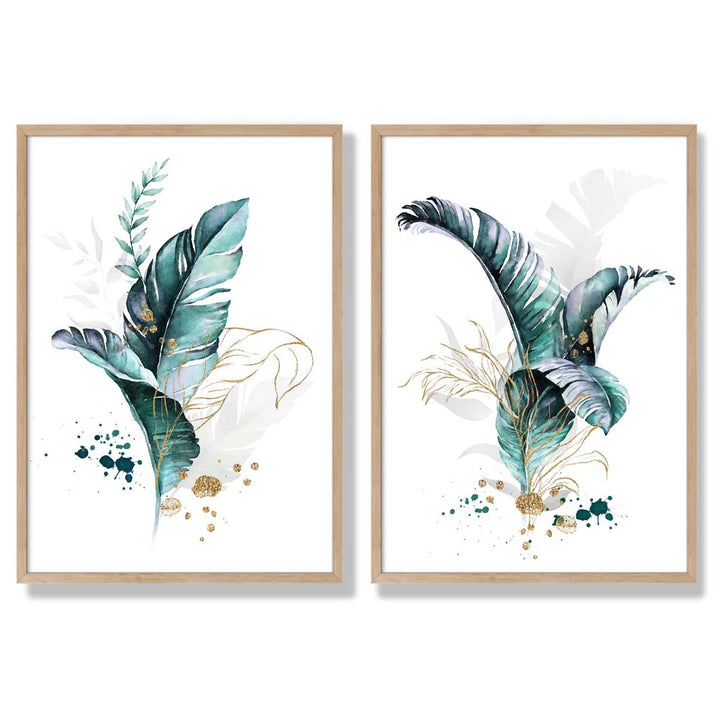 Abstract Teal Botanical Leaves Framed Set of 2 Art Prints | Bowlift