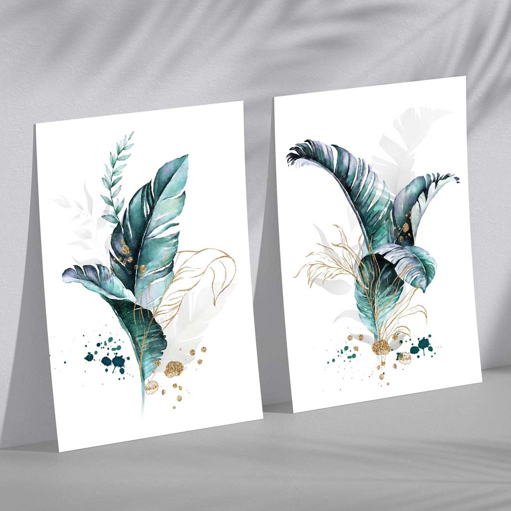 Abstract Teal Botanical Leaves Set of 2 Art Prints | Bowlift