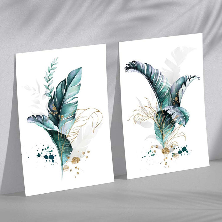 Abstract Teal Botanical Leaves Set of 2 Art Prints | Bowlift
