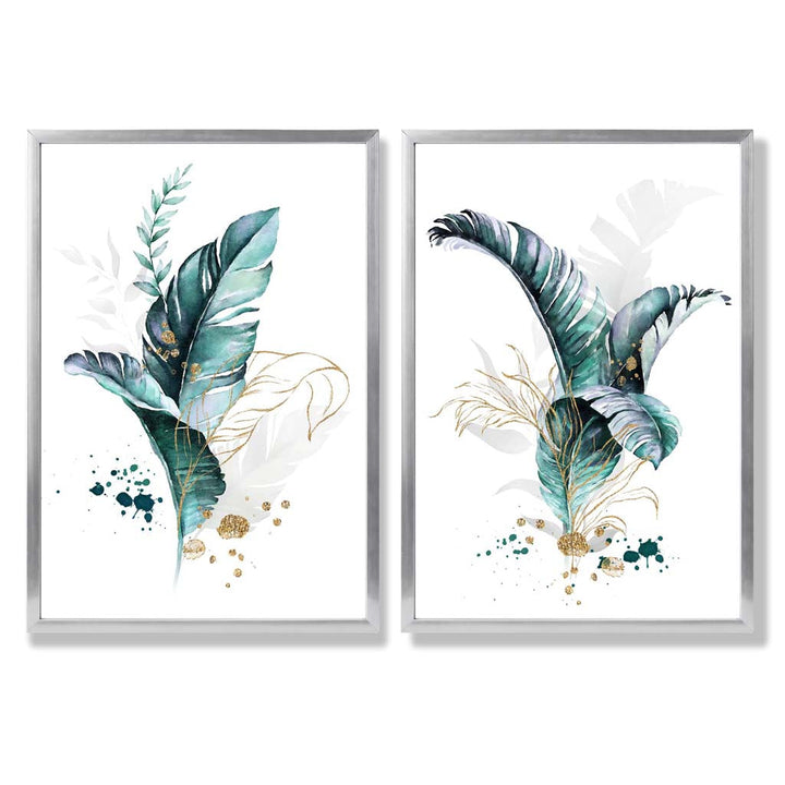 Abstract Teal Botanical Leaves Framed Set of 2 Art Prints | Bowlift