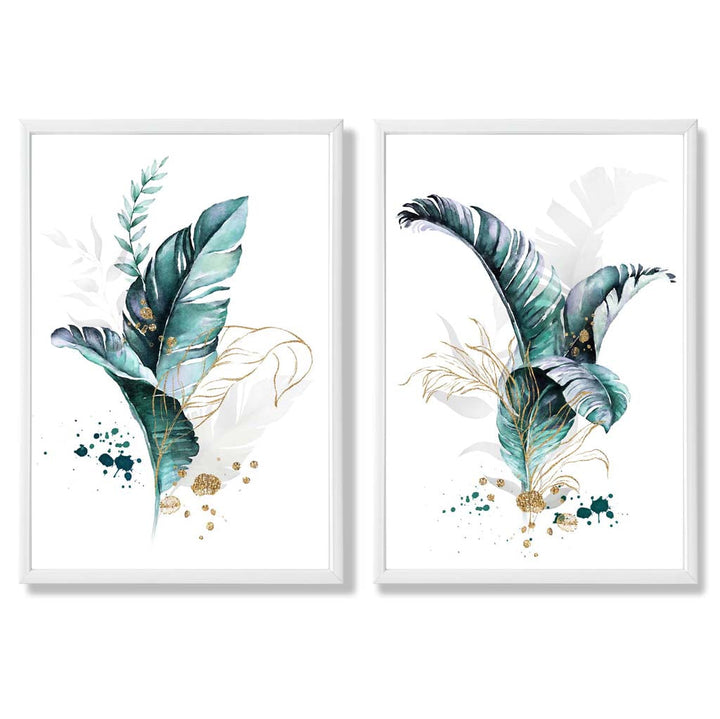 Abstract Teal Botanical Leaves Framed Set of 2 Art Prints | Bowlift