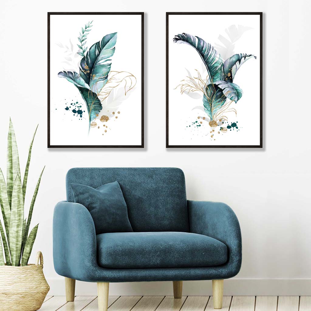 Abstract Teal Botanical Leaves Framed Set of 2 Art Prints | Bowlift