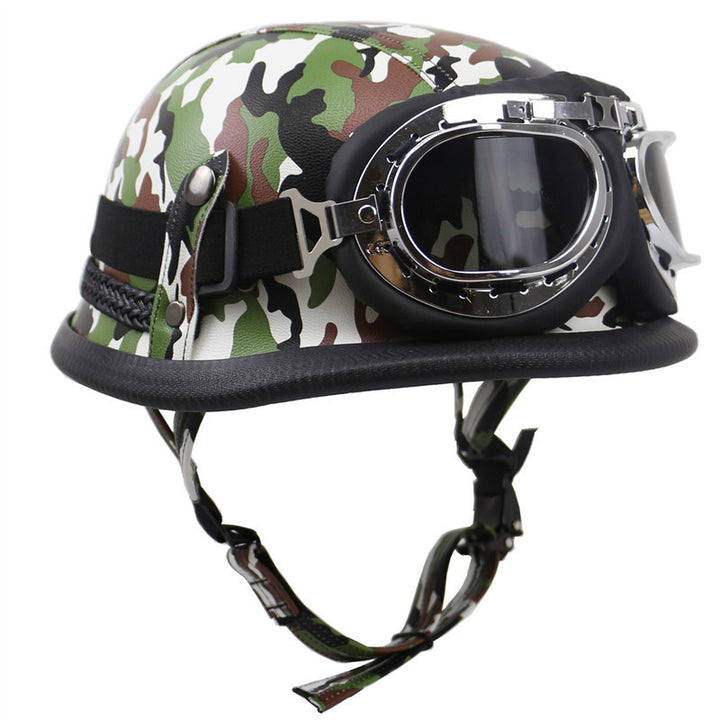 Vintage Leather Biker Helmet with Goggles Bowlift