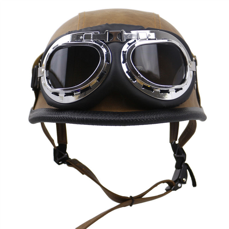 Vintage-Style Motorcycle Helmet with Goggles Bowlift