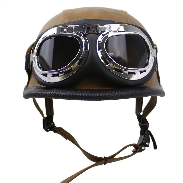 Vintage-Style Motorcycle Helmet with Goggles Bowlift