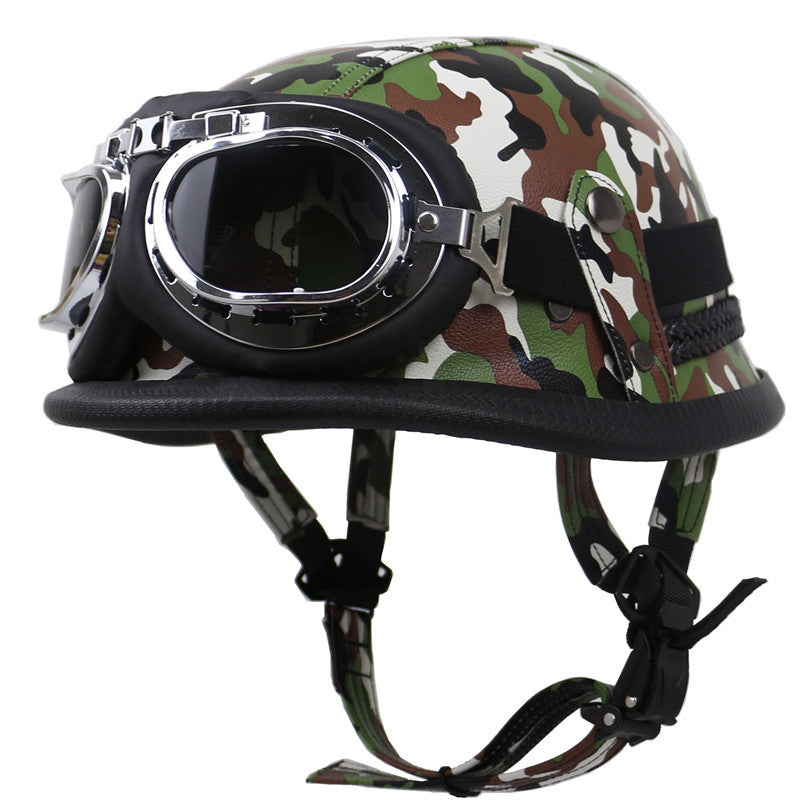 Vintage Leather Biker Helmet with Goggles Bowlift