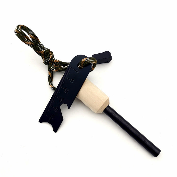 ferrocerium fire starter rod with wooden handle tactical striker multi-tool and paracord lanyard Bowlift