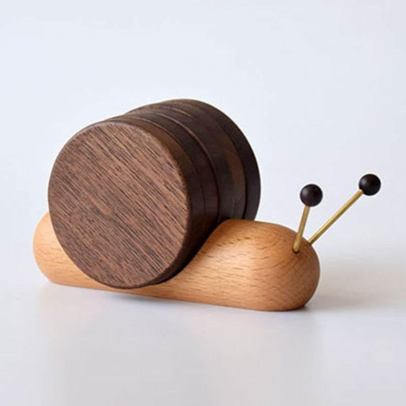 BowLift | Cute Wood Cup Coaster, with 5 Pieces and Snail-shaped Holder, for Cup, Mug, Bowl & More
