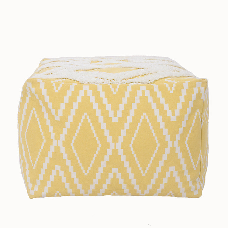 Cubical seat pouf made of woven cotton blend with ethnic diamond pattern Bowlift