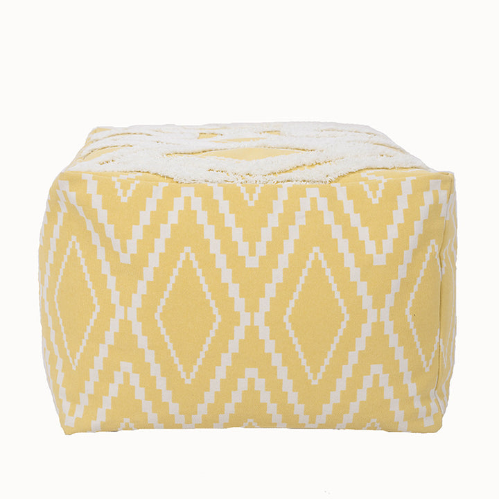 Cubical seat pouf made of woven cotton blend with ethnic diamond pattern Bowlift