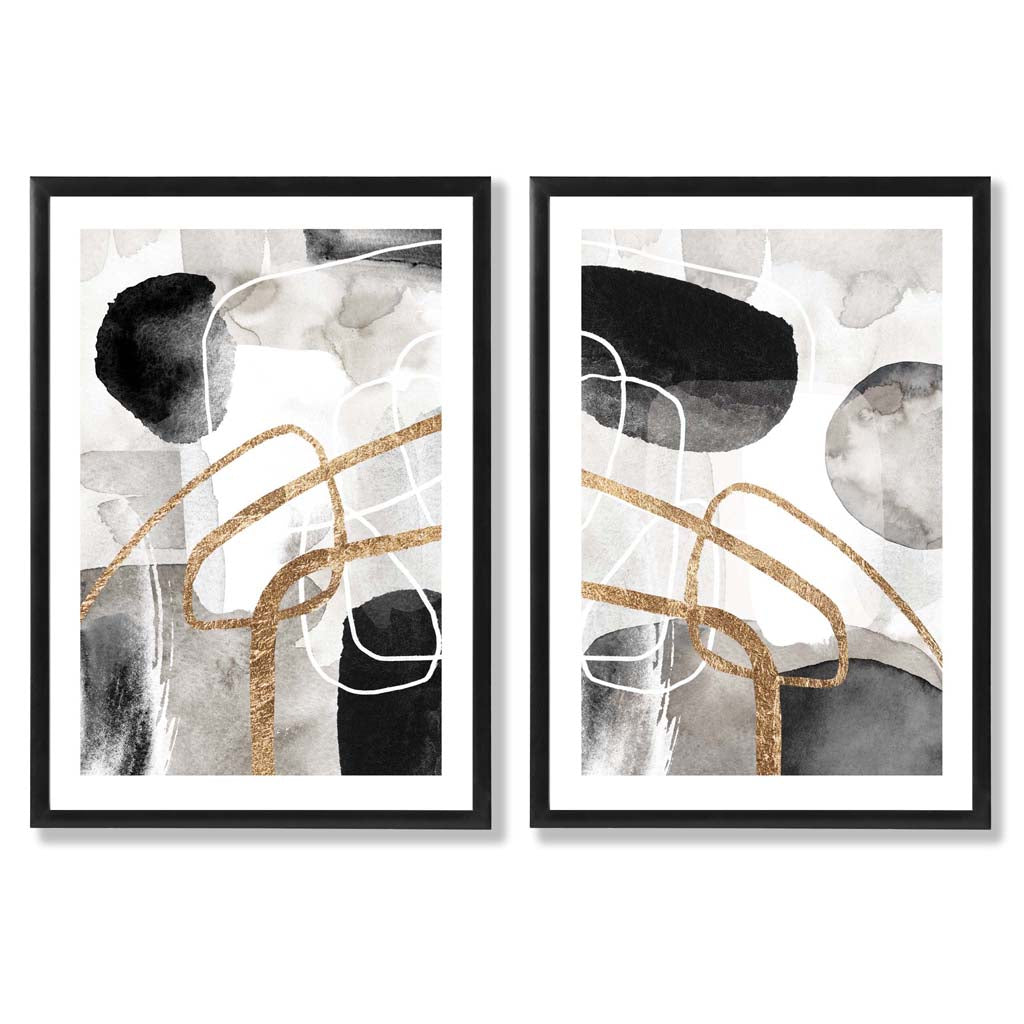 Black and Gold Abstract Shapes Framed Set of 2 Art Prints | Bowlift
