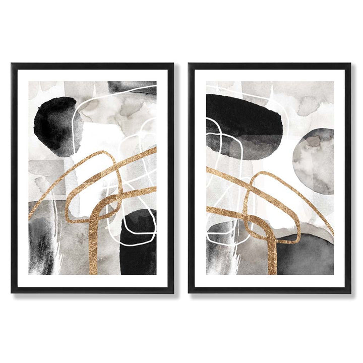 Black and Gold Abstract Shapes Framed Set of 2 Art Prints | Bowlift
