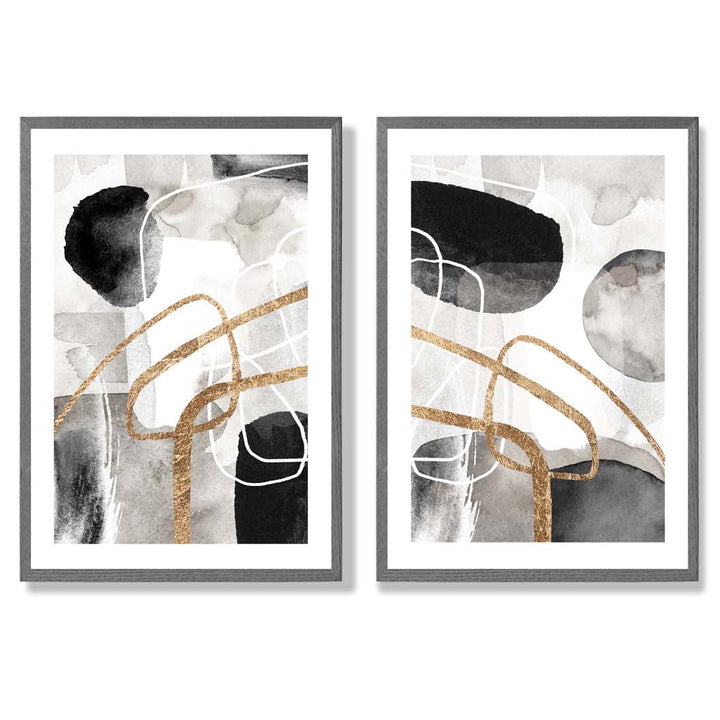 Black and Gold Abstract Shapes Framed Set of 2 Art Prints | Bowlift