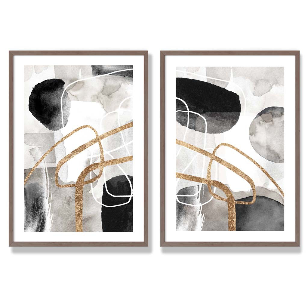 Black and Gold Abstract Shapes Framed Set of 2 Art Prints | Bowlift