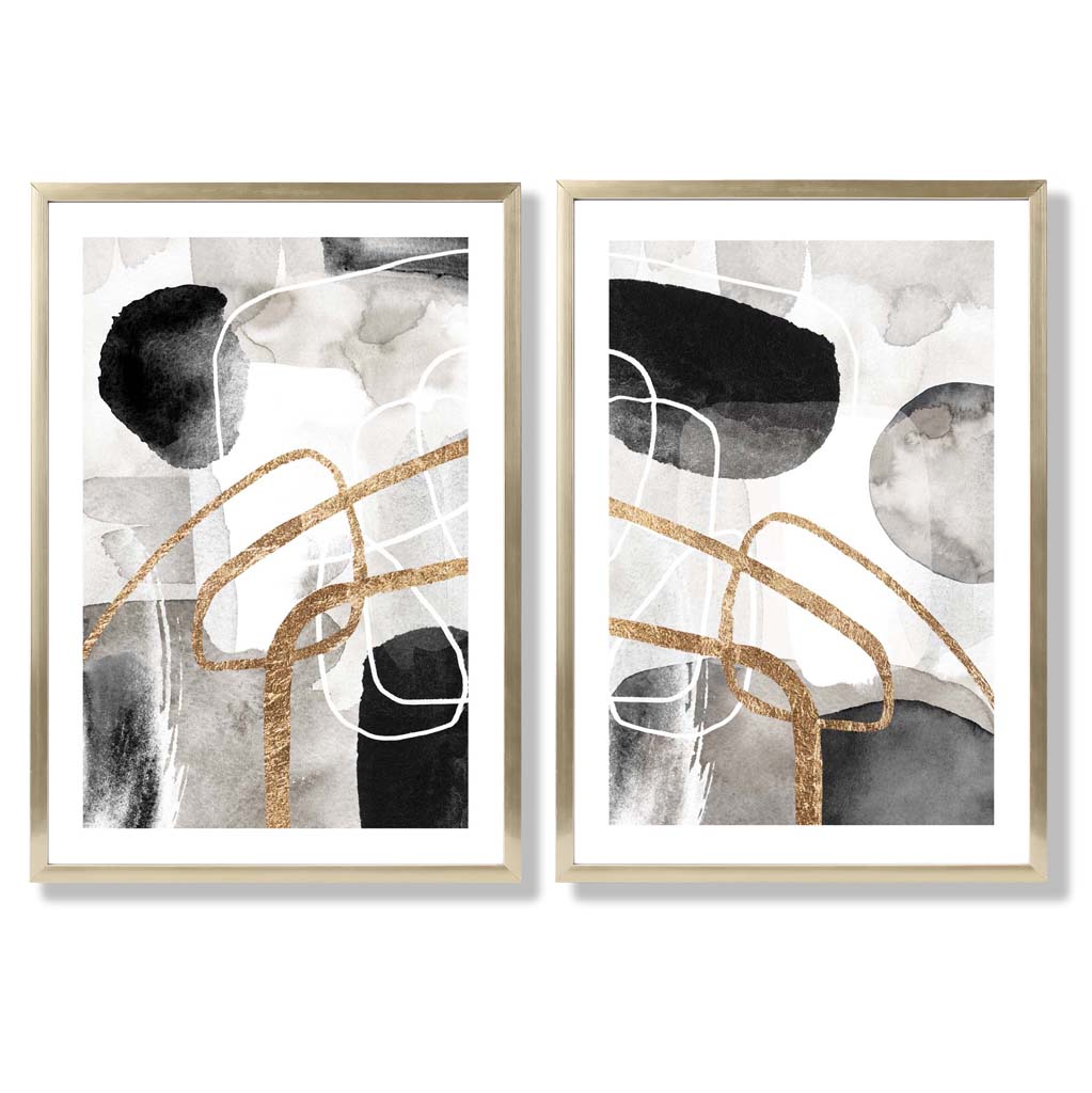 Black and Gold Abstract Shapes Framed Set of 2 Art Prints | Bowlift
