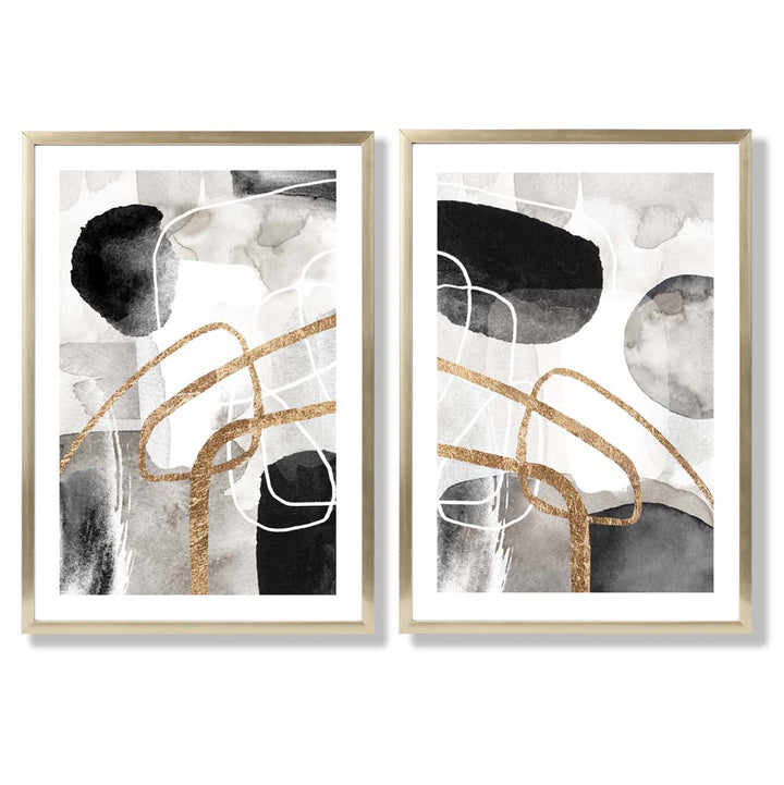 Black and Gold Abstract Shapes Framed Set of 2 Art Prints | Bowlift