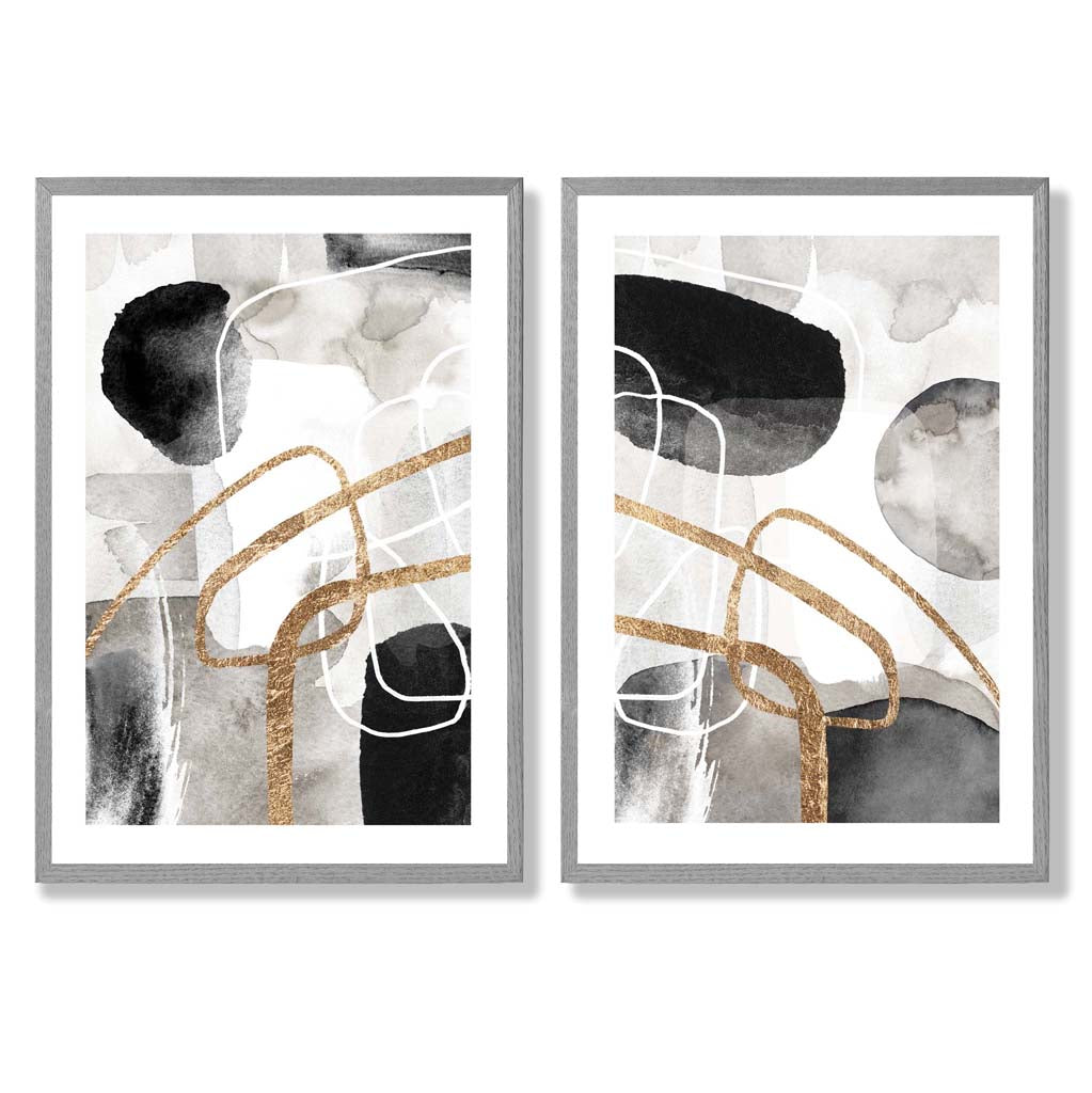 Black and Gold Abstract Shapes Framed Set of 2 Art Prints | Bowlift