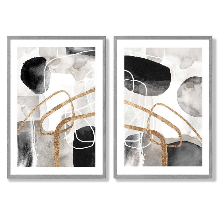 Black and Gold Abstract Shapes Framed Set of 2 Art Prints | Bowlift