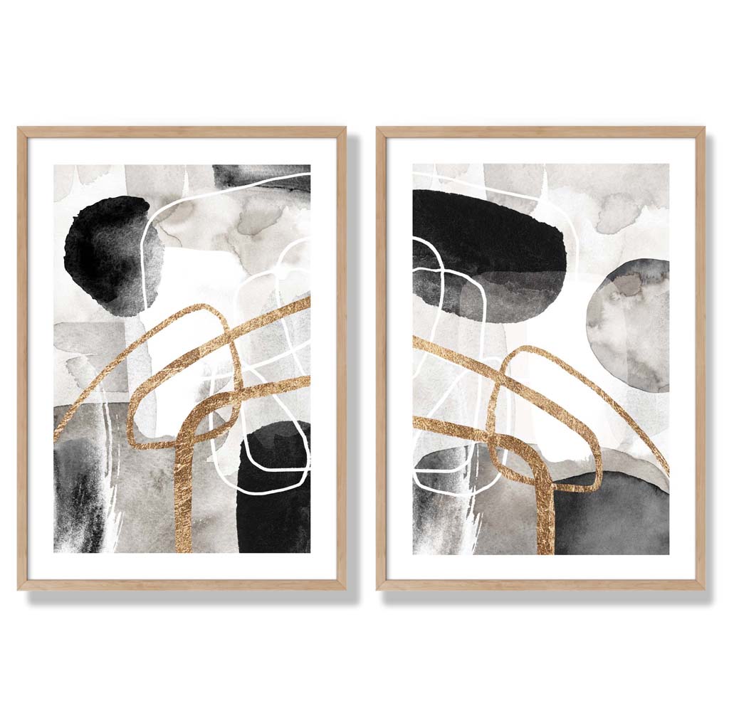 Black and Gold Abstract Shapes Framed Set of 2 Art Prints | Bowlift
