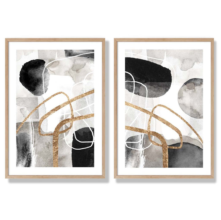 Black and Gold Abstract Shapes Framed Set of 2 Art Prints | Bowlift