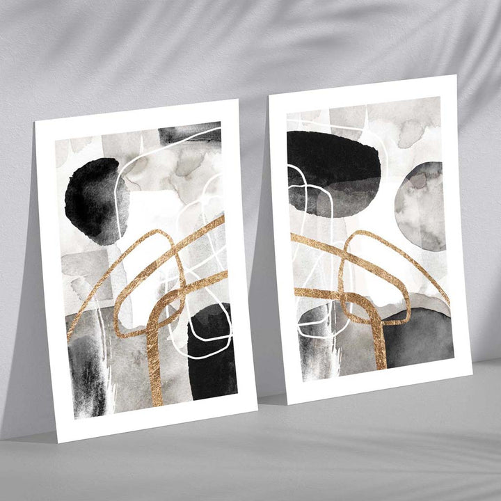 Black and Gold Abstract Shapes Framed Set of 2 Art Prints | Bowlift