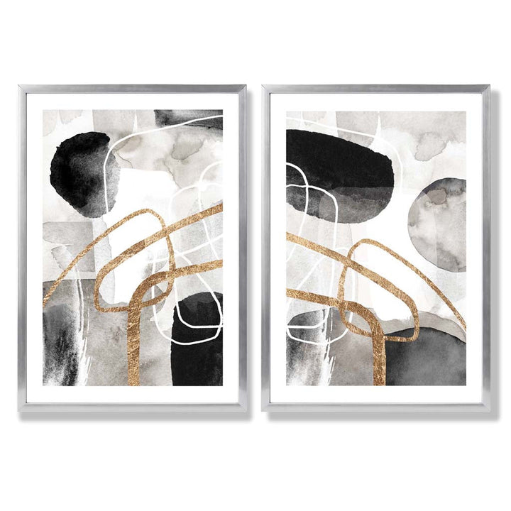 Black and Gold Abstract Shapes Framed Set of 2 Art Prints | Bowlift